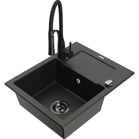 Mexen Enzo lavello in granito a 1 vasca con sgocciolatoio e rubinetto cucina Aster, nero/oro metallizzato - 6506-75-73450-70-B (1/5)