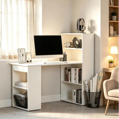 Bureau blanc avec bibliothèque intégrée en aggloméré 120 x 55 x 120 cm (1/5)