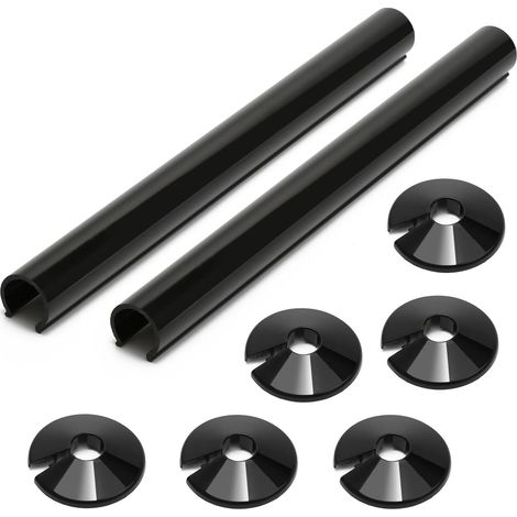 Copritubi e fascette per radiatori 15 mm x 200 mm, neri, 2 copritubi e 6 fascette in plastica resistente per finiture domestiche, facili da installare e protezione dei tubi (1/5)