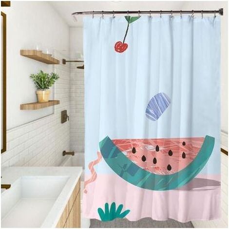 Rideau de douche anti-moisissures, 90 x 180 cm, lavable en machine, lesté, séchage rapide, avec crochets, rideau de douche en polyester imperméable, motif pastèque. (1/4)