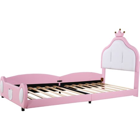 Cama infantil capitoné 90 x 200 cm con cabecero corona, rosa y blanco, polipiel (1/5)
