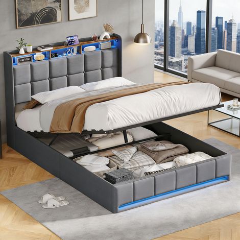 Stauraumbett 140x190 cm Grau - Doppelbett mit Bettkasten, Kopfteil mit LED, Ablage und USB-Anschlüssen, Lattenrost, Polsterbett für Erwachsene