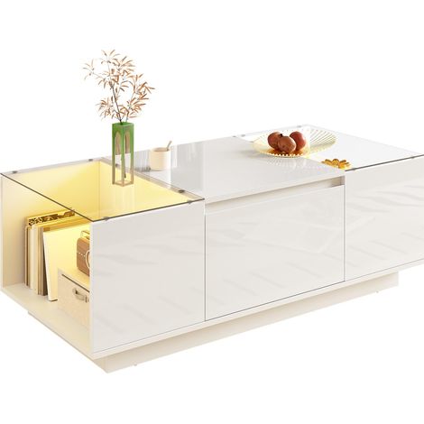 Table basse moderne et minimaliste de 105 cm avec espace de rangement, éclairage d'ambiance LED, plateau en verre et 2 tiroirs.