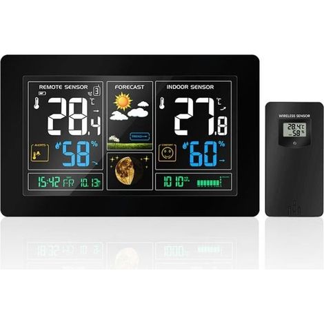 Stations Météo Écran LED Intérieure Extérieure Sans Fils Avec Capteur Baromètre Alarme Horloges Noir (1/4)