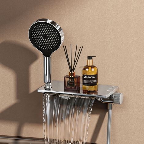 doporro Badewannenarmatur mit Handbrause, Wasserfallauslauf, Duscharmatur Komplettset aus Messing mit 4 Strahlarten, 1.5m Brauseschlauch, Halterung für Badewanne und Dusche DSN-401 Silber