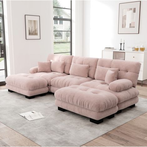 Sofá modular en U de chenilla rosa con otomanas móviles OKMYHOME (1/5)