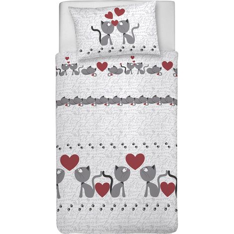 Parure de lit Simple 100% Coton, avec Sac 155 x 200 cm et 1 taie d'oreiller 52 x 82 cm, fabriquée en Italie, Housse de Couette Lavable en Machine à 40 °, Fantaisie Chatons Gris (1/2)