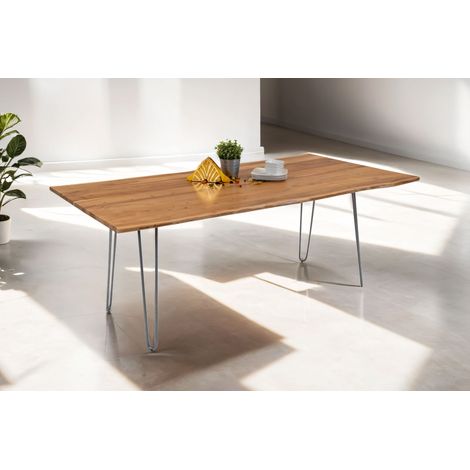 Esstisch Baumkante massiv Akazie natur 200 Hairpin-Gestell silber  HANNAH (1/4)