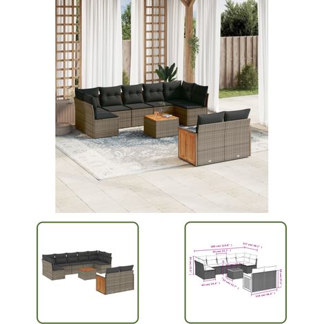 The Living Store 10-tlg. Garten-Sofagarnitur mit Kissen Grau Poly Rattan - Gartenmöbel - Esstisch - Lounge Set - Rattan Möbel - Outdoor Furniture (1/3)