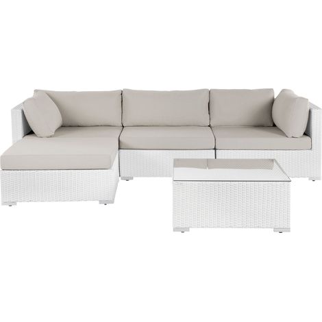 Conjunto de jardín sofá modular con mesa de centro ratán sintético blanco con cojines beige derecho Sano II