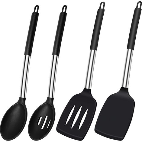 Silikon-Spatellöffel, hitzebeständiger Silikonspatel, Küchenspatel, Schlitzlöffel-Set zum Kochen, BPA-freie Küchenutensilien, schwarze Küchenutensilien, spülmaschinenfest, 4 Stück (1/5)