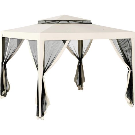 Tonnelle de jardin 3x3 m avec moustiquaire, double toit et 8 oUVertures, en acier et polyester blanc crème