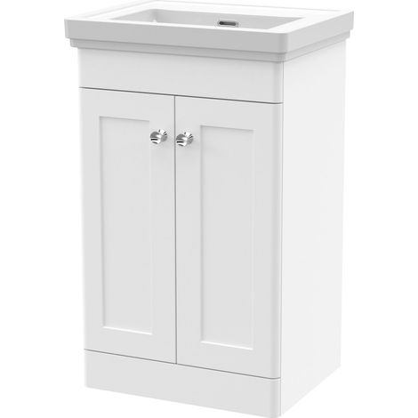 Nuie Classique Floor Standing 2-Door Vanity Unit with Basin 500mm Wide Satin White - 0 Tap Hole (1/4)