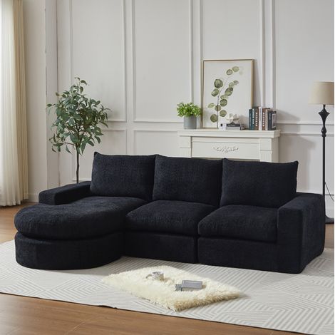 Divano modulare con chaise longue reversibile, 250 x 160 x 80 cm, ciniglia nera HAVRYA (1/5)
