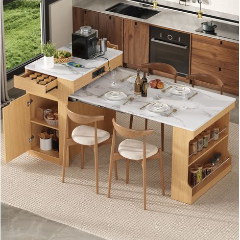 Îlot central extensible 55-153x80x93 cm avec prises, 2 tiroirs et rangement, buffet de cuisine MDF - naturel (1/5)