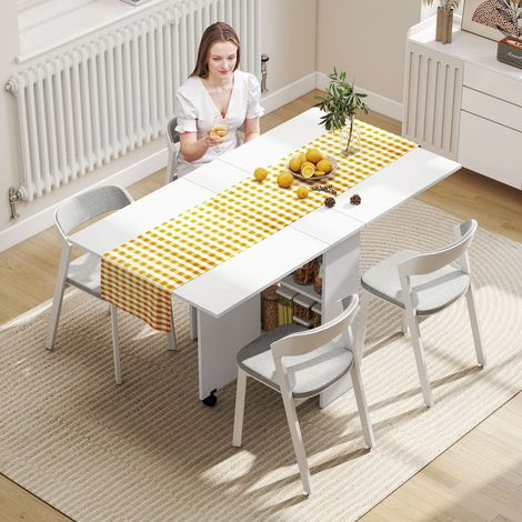 Table pliante de cuisine salle à manger amovible sur roulettes 75L x 140l x 74H cm 2 étagères intégrées en bois couleur blanc