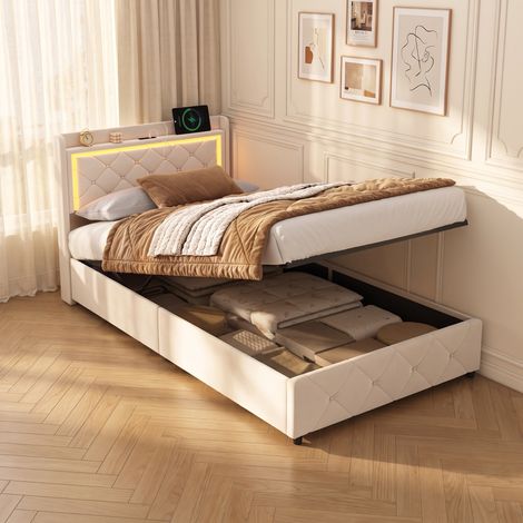 Lit coffre 90x200 cm, lit simple avec LED et Chargement USB/Type-C, sommier à lattes, espace de rangement, velours, Beige (1/5)
