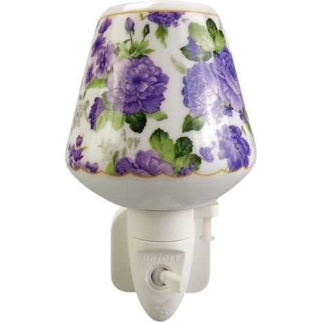 Floral Nightlight with Purple Floral Pattern on White Ceramic Base - L8 x W8 x H13 cm