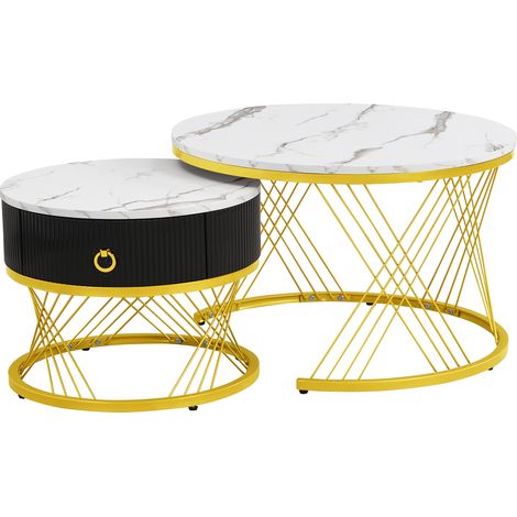 Table basse modulable élégante effet marbre avec décoration dorée, table d’appoint avec tiroirs, lot de 2