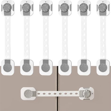 A set of 6 child safety locks, adjustable adhesive, suitable for drawers, refrigerators, and toilets, off-white.