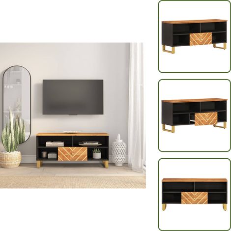 Meuble TV marron et noir 100x33,5x46 cm bois massif de manguier - Meubles Tv - Meuble Tv - Meuble Multimedia - Buffet Tv - Rangement Tv
