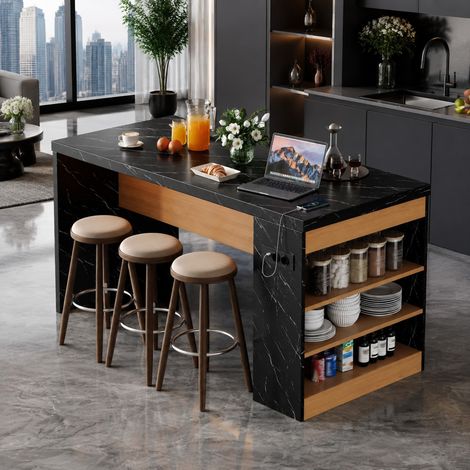 Isola da cucina 155x80x90 cm con LED, 2 AC + 2 USB, 3 ripiani, nero e legno OKMYHOME (1/5)