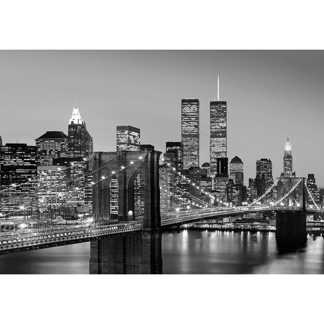 Papier peint panoramique New York noir & blanc | Tapisserie panoramique angle de mur & salon Manhattan | Papier peint panoramique urbain pont moderne - 366 x 254 cm (8 pièces) (1/2)