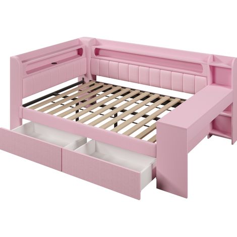 Canapé-lit rembourré 140x200 avec ports USB et bande LED, avec bureau et 2 tiroirs, rose (1/5)