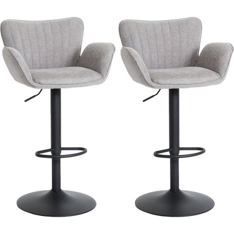 Set 2 sgabelli da bar Tessuto grigio chiaro – Struttura in ferro nero – Braccioli – Poggiapiedi – Girevole a 360° – Altezza regolabile 040007466