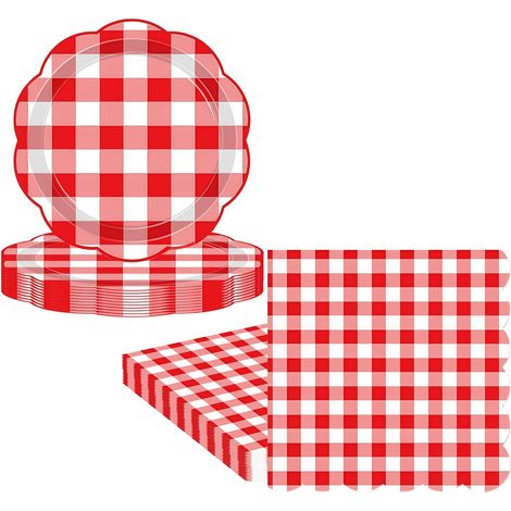 Assiettes Et Serviettes En Papier - Lot De 48 Pièces - Motif Vichy Rouge - Vaisselle Jetable Pour Fête D'Anniversaire (1/5)