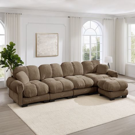 Divano angolare modulare 330x149x90 cm con penisola mobile, cuciture trapuntate, chenille marrone (1/5)