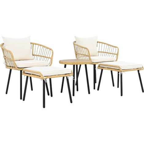 Set de jardín de 5 piezas en ratán blanco natural con mesa, 2 sillas y 2 pufs (1/5)