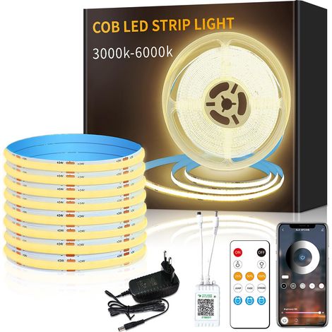 COB Ruban LED 5M, Contrôle APP avec Télécommande, Bande LED COB Flexible Dimmable DC24V 3000K Blanc Chaud Convient pour Chambre Chambre DIY Décoration (1/5)