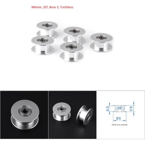 5 Stück Aluminium-Zahnriemenscheiben 2GT als Zubehör für 3D-Drucker (Durchmesser 6 mm, 20 Zähne, Loch 3, zahnlos) (1/5)