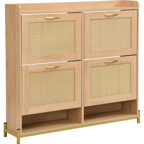 Scarpiera salvaspazio in MDF rovere chiaro con 4 ante effetto rattan e ripiano (1/5)