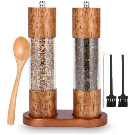 Moulin à sel et à poivre en bois – Lot de 2 – Mécanisme en céramique – Pour sel de mer, poivre noir et épices variées (1/5)