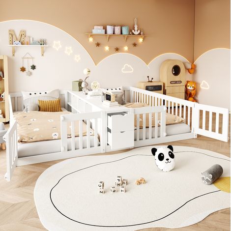 Letto per bambini 219.6x204x33.5 cm, con scaffale aperto e 2 cassetti, legno, bianco (1/5)