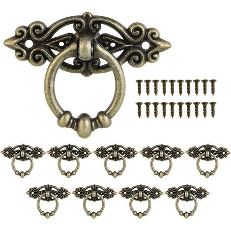 Lot de 10 poignées antiques en alliage de zinc, poignées de meubles vintage, poignées de tiroir en laiton vieilli, bouton de porte à anneau en cuivre pour cuisine, chambre, armoire, placard (1/5)