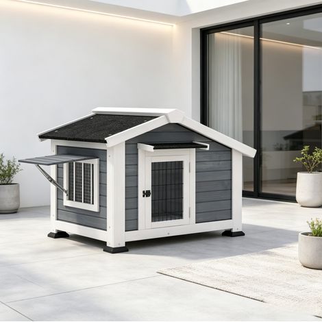 Cuccia per cani da esterno rialzata, tetto impermeabile rimovibile, porta a griglia, grigio (1/5)