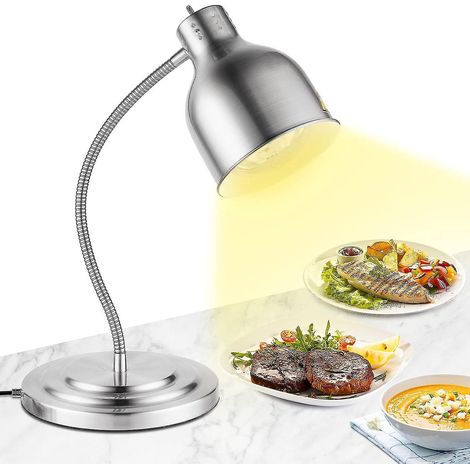 Lampe chauffante sur pied 250 W argentée pour buffet, avec tuyau extensible jusqu'à 70 cm, idéale pour les buffets, les cuisines et les restaurants (ampoule simple). (1/5)