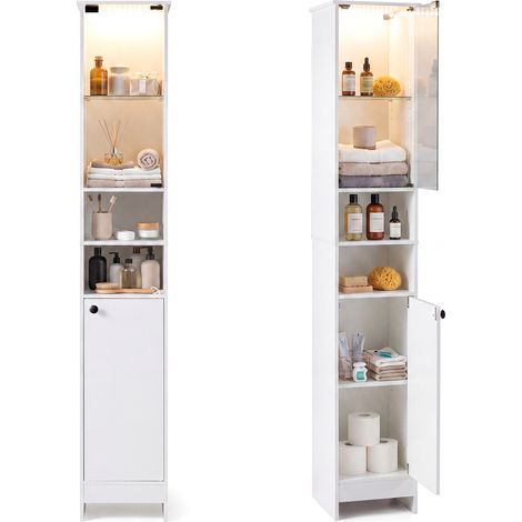 Meuble Salle de Bain 170 cm avec LED en Télécommande, Placard à Porte Verre, Étagères Réglables&Compartiments, pour Salon Buanderie WC, Blanc (1/5)