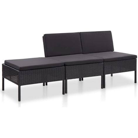 3-tlg. Garten-Lounge-Set mit Auflagen Poly Rattan Schwarz