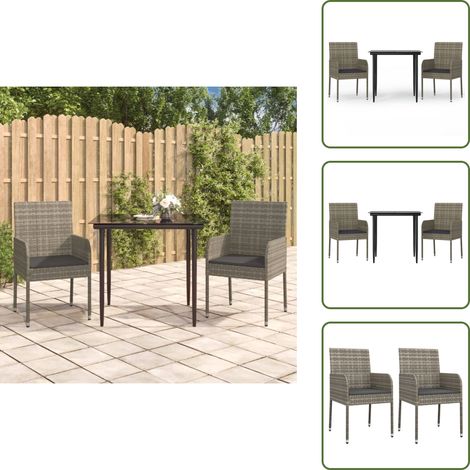 The Living Store 3-tlg. Garten-Essgruppe mit Kissen Schwarz und Grau Poly Rattan - Gartenessgruppe (1/5)