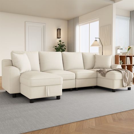 Canapé Panoramique en U Tissu Chenille - 280x137x84 cm - Canapé Modulaire 4 Places avec Doubles Méridiennes Coffres - Beige (1/5)