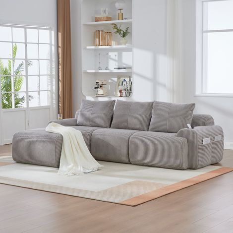 Canapé modulaire 3 places velours côtelé gris clair avec poufs, porte-gobelet et rangement latéral salon (1/5)