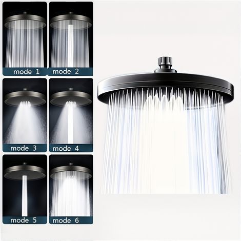 Pommeau de Douche Haute Pression avec 6 Modes de Jet Design Rond Contemporain Monté au Mur, Matériau Moderne Minimaliste Black (1/5)