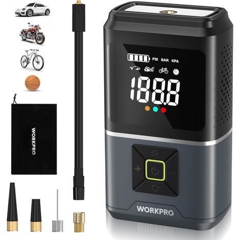 Workpro – Gonfleur électrique 150 PSI – Compresseur à air portable 7,2 V avec batterie 5000 mAh – 4 modes de gonflage pour pneus voiture, vélo, ballon