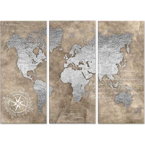 Lupia - GRANDE QUADRO Moderno 3 Pezzi  Stampa su Tela Grande  BROWN SILVER carta geografica per Soggiorno, Camera, Ufficio  Facile da Appendere  Telaio in Legno, World Brown Silver, 122x180 cm (1/4)