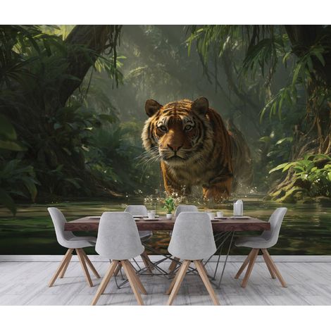 Fototapete Tiger Wald Dschungel, für Wohnzimmer und Schlafzimmer, 150 x 105 cm – Komplettset inkl. Kleister & Anleitung (1/4)