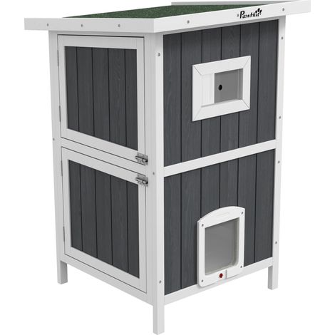 Niche extérieure en bois à 2 niveaux pour chat, toit en asphalte et 4 portes, 60 x 60 x 90,5 cm, grise (1/5)